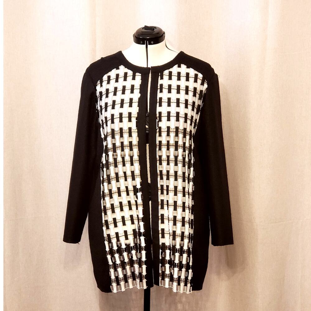 Chico's Black & White Crinkle Woven Design Open Front Jacket, SZ 3 (US 16/18) - Picture 1 of 10